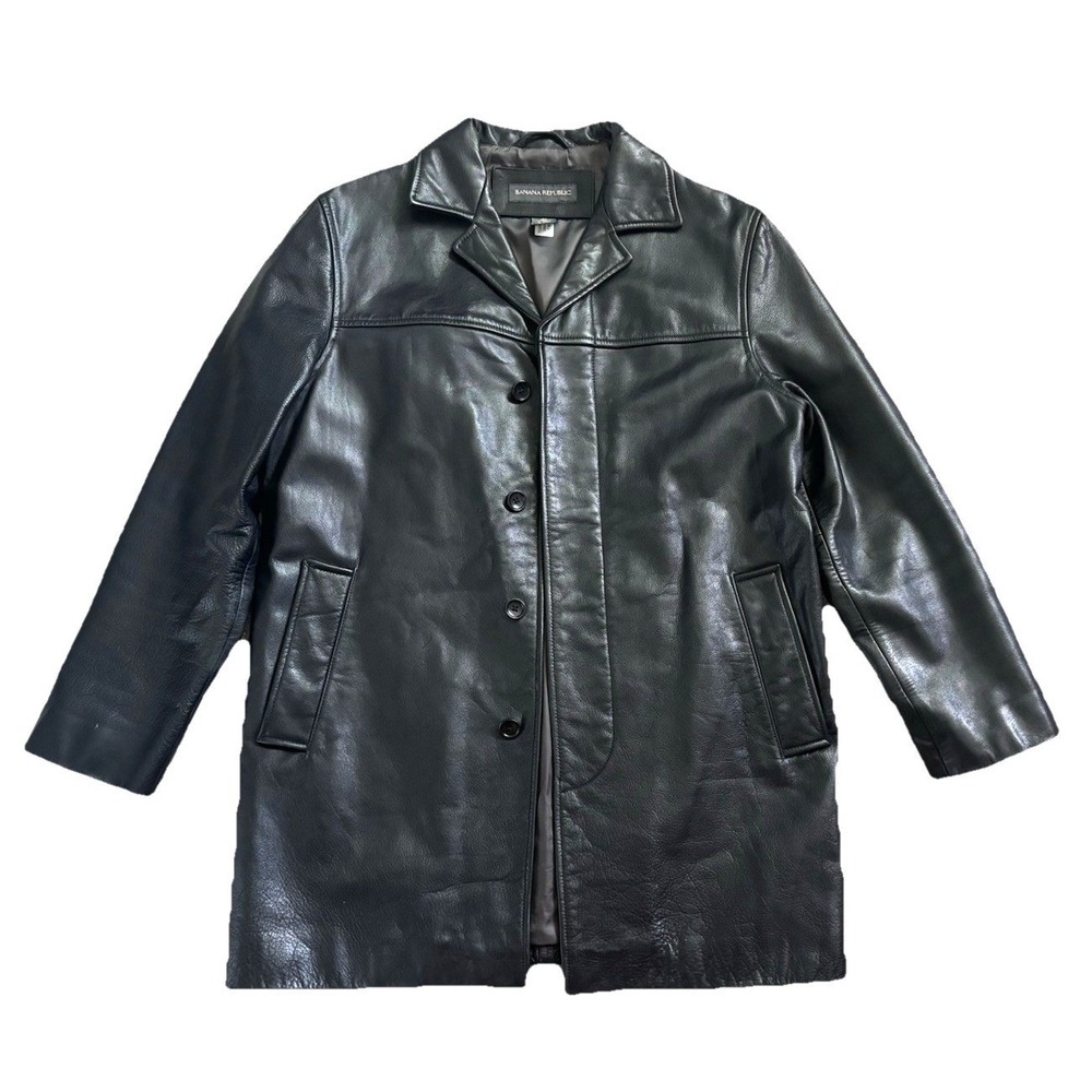 Vtg Y2K Banana Republic 100% Leather Trench Coat Men xs Black Minimalist Mac